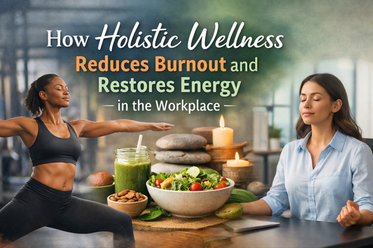 Holistic wellness banner showing yoga, meditation, healthy food, fitness training, and travel at sunrise.