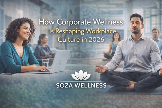Employees meditating and working in a modern office, promoting corporate wellness and workplace culture in 2026.