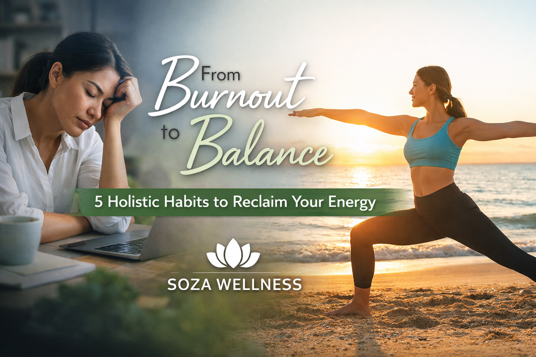 Split-screen of a tired woman at a desk and another doing yoga on the beach, with the title "From Burnout to Balance" and Soza Wellness branding.
