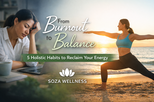 Split-screen of a tired woman at a desk and another doing yoga on the beach, with the title "From Burnout to Balance" and Soza Wellness branding.