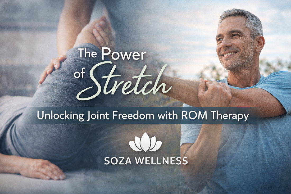 Man smiling while stretching outdoors alongside a person receiving guided stretch therapy, with banner text promoting Soza Wellness ROM Therapy.