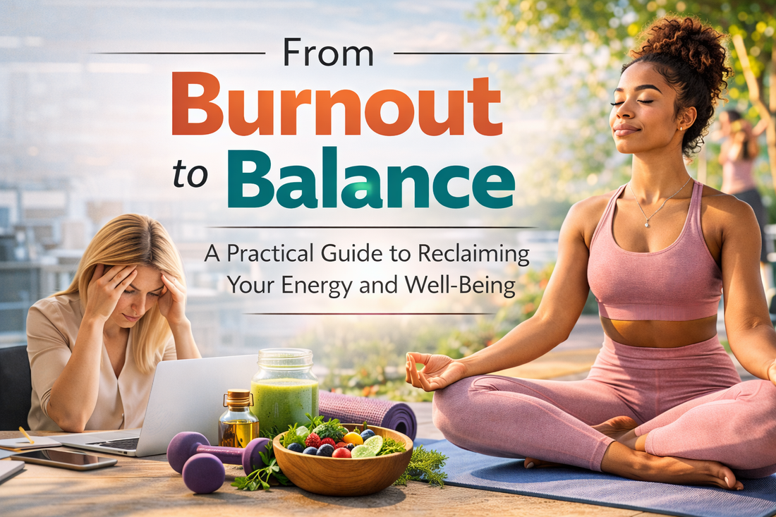 Burnout to balance wellness concept showing stress relief through mindfulness and healthy living.