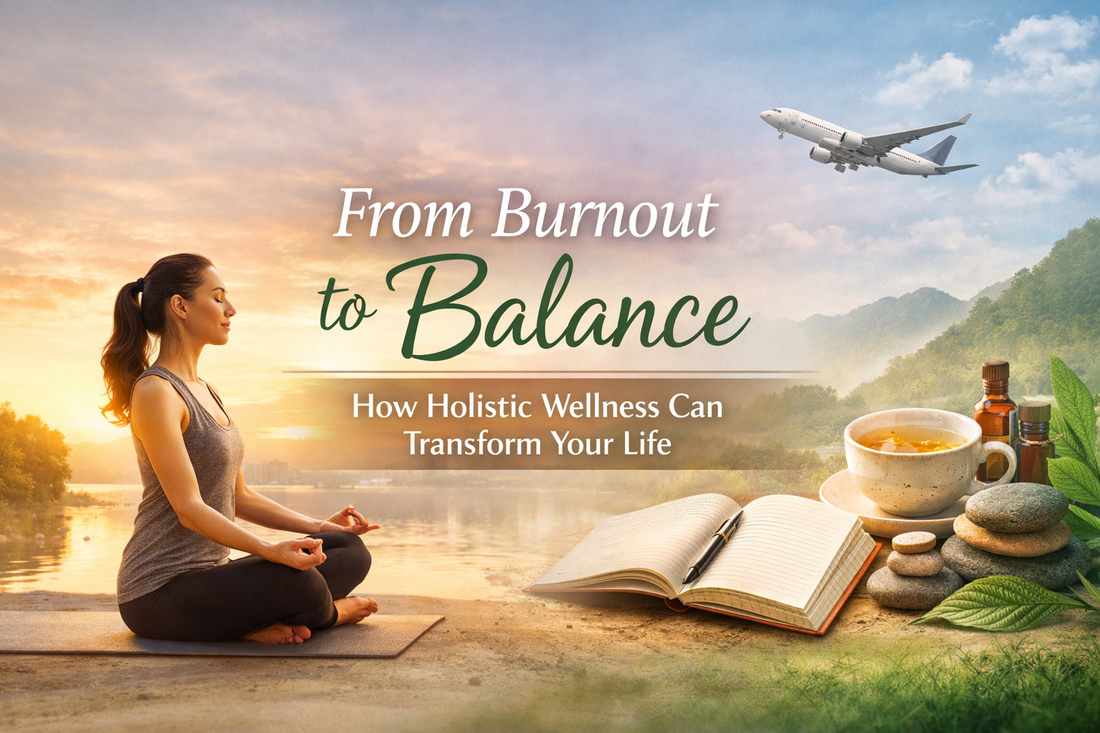 Woman practicing yoga by a serene lake with wellness elements symbolizing balance and holistic living