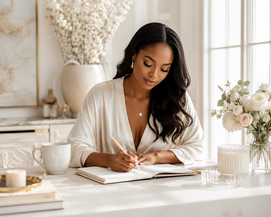 A confident Black woman sits at a bright marble desk writing in a wellness journal, surrounded by soft florals and warm natural light. The serene space features neutral champagne and ivory tones, creating a clean, luxurious wellness-lifestyle aesthetic.