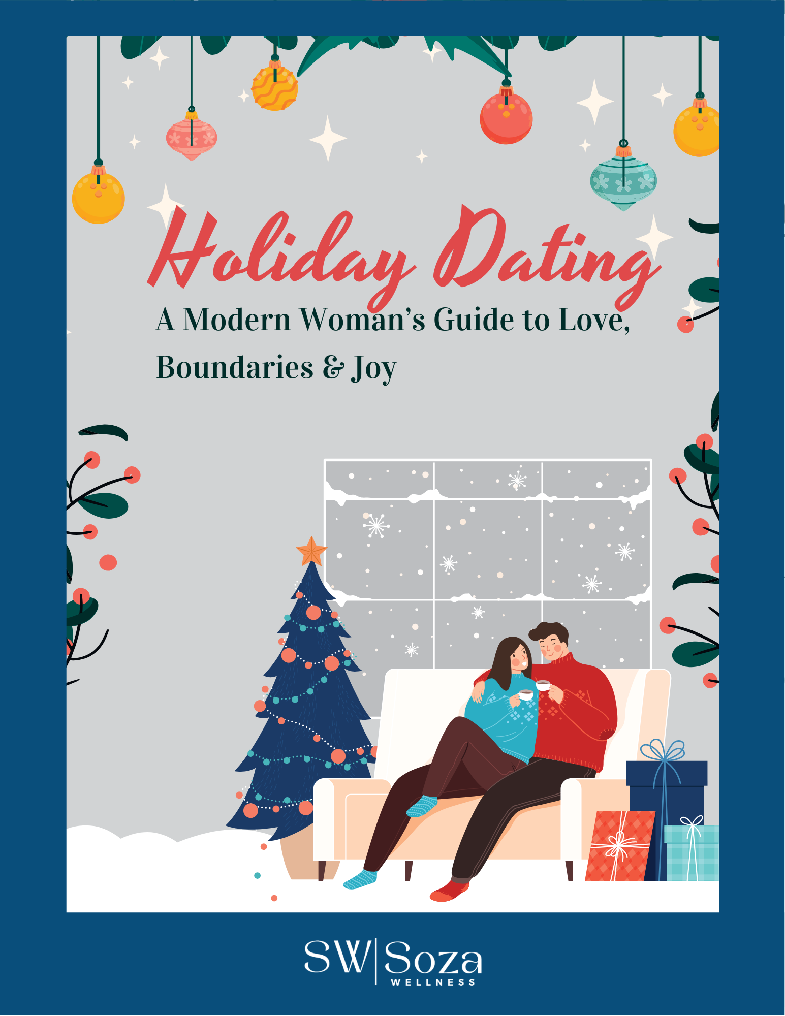 Book cover of 'Holiday Dating' by SW Soza Wellness with a couple on a couch and Christmas decorations.