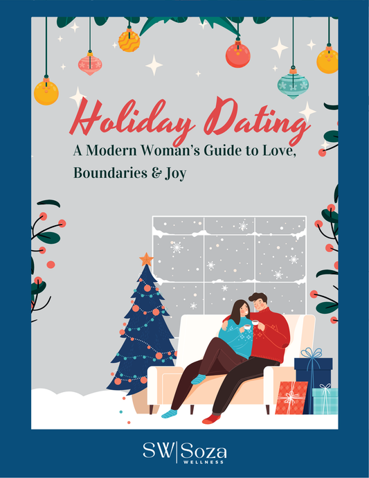 Book cover of 'Holiday Dating' by SW Soza Wellness with a couple on a couch and Christmas decorations.